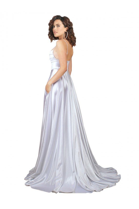 Simple A-Line Corset Style Pleated Long Stretch Satin Beach Wedding Dress with High Slit Essex