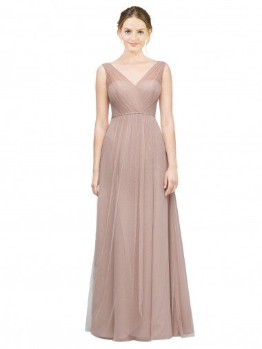 Full Length Draped Long V-Neck Tulle Bridesmaid Dress Essex