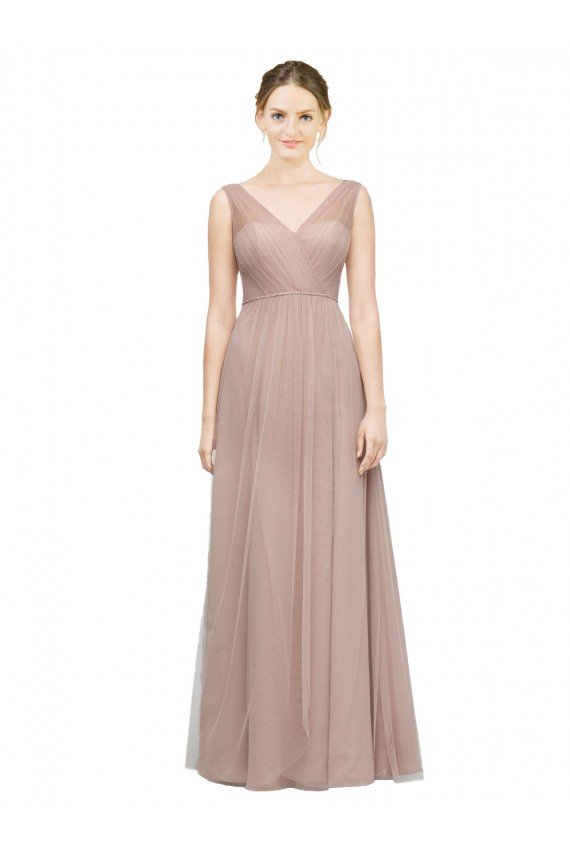 Full Length Draped Long V-Neck Tulle Bridesmaid Dress Essex