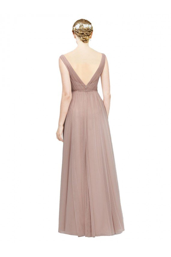 Full Length Draped Long V-Neck Tulle Bridesmaid Dress Essex
