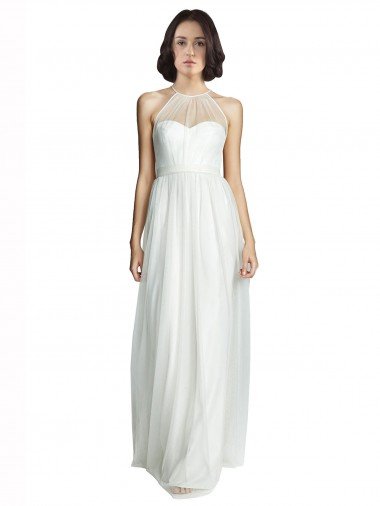 High Neckline Long Tulle Bridesmaid Dress with Illusion Front Essex