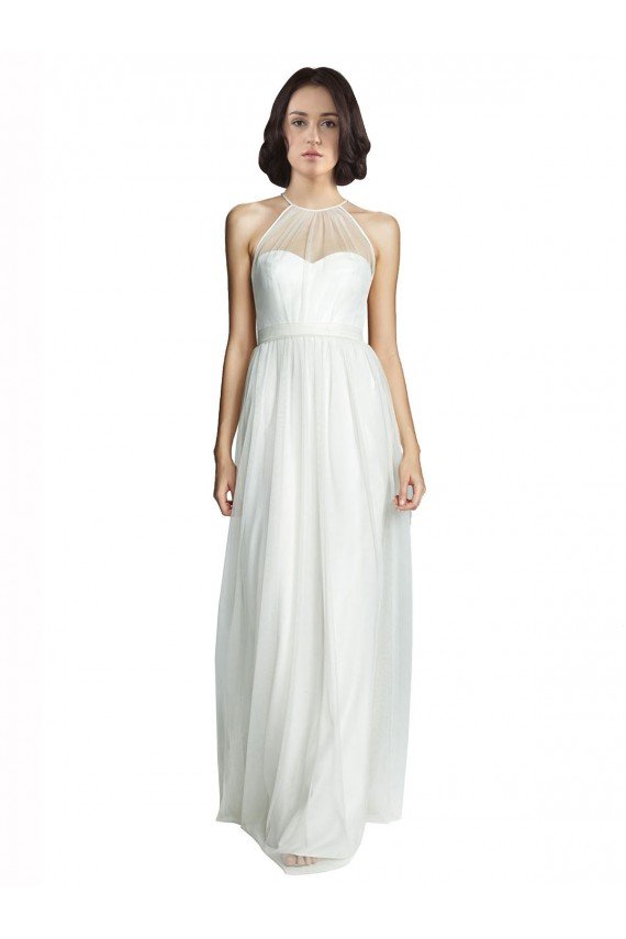 High Neckline Long Tulle Bridesmaid Dress with Illusion Front Essex