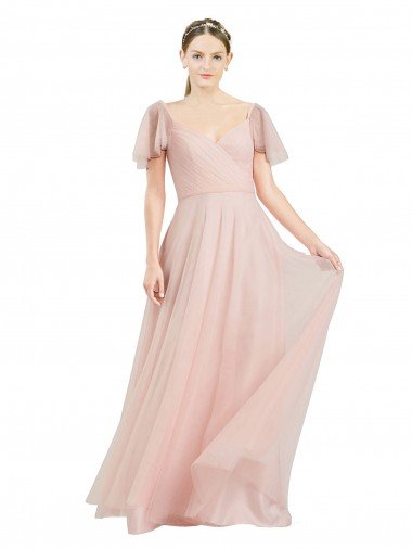 Long V-Neck Flutter Sleeves Tulle Bridesmaid Dress Essex