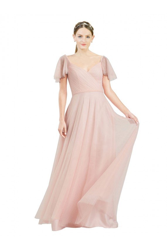 Long V-Neck Flutter Sleeves Tulle Bridesmaid Dress Essex
