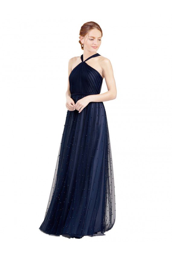 Floor Length Long Halter Pleated Tulle Bridesmaid Dress Essex