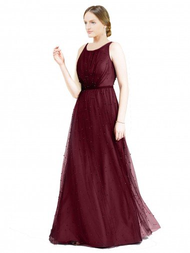 Sleeveless Boat Neck Long Pearl Tulle Bridesmaid Dress with Keyhole Back Essex