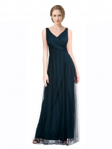 Full Length Long Tulle Bridesmaid Dress with V-Neck Criss-Cross Ruched Top Essex