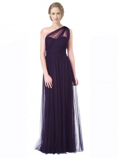 One Shoulder Long Tulle Bridesmaid Gown with Sheer Netting Strap Essex