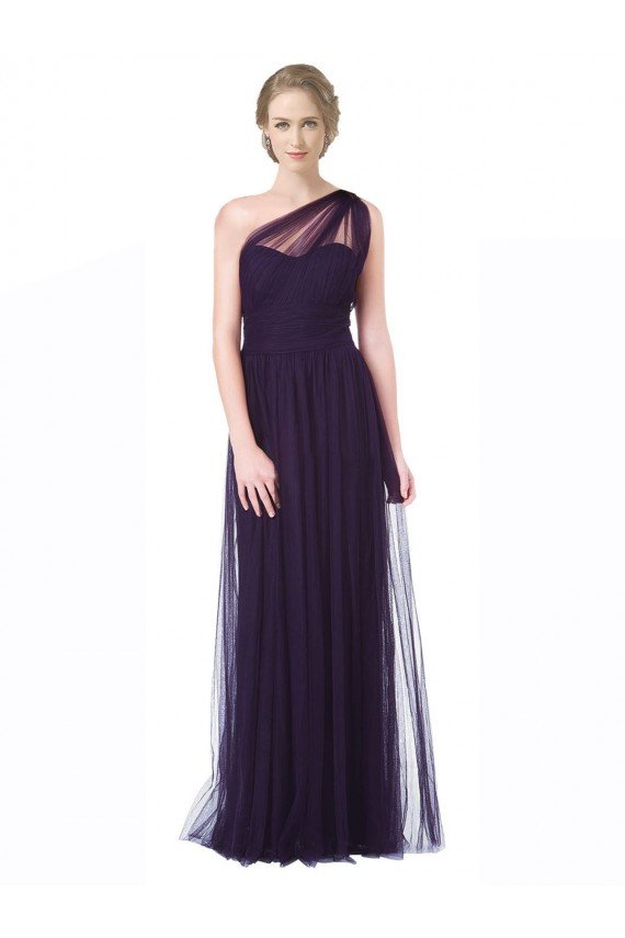 One Shoulder Long Tulle Bridesmaid Gown with Sheer Netting Strap Essex