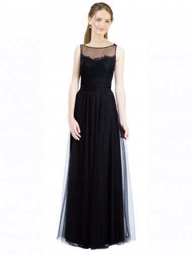 Full Length Tulle Bridesmaid Dress with Lace Bodice and Soft Tulle Illusion Top Essex