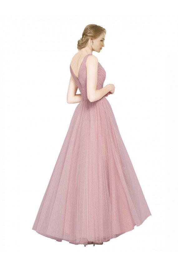 Long Floor Length Wide Strap Plunge Cross Over Neckline Tulle Bridesmaid Dress Essex