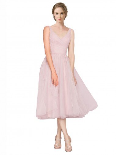 Short Tea Length Wide Strap Plunge Cross Over Neckline Tulle Cocktail Bridesmaid Dress Essex