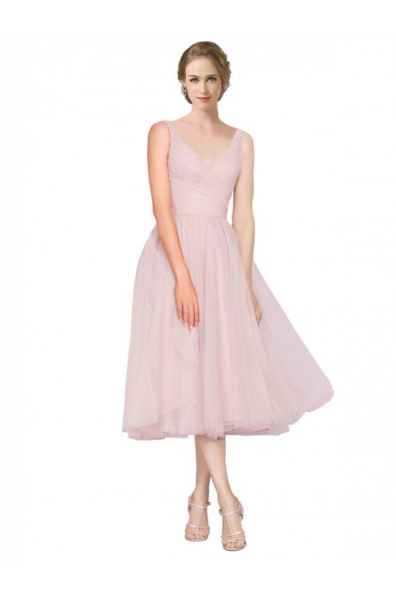Short Tea Length Wide Strap Plunge Cross Over Neckline Tulle Cocktail Bridesmaid Dress Essex