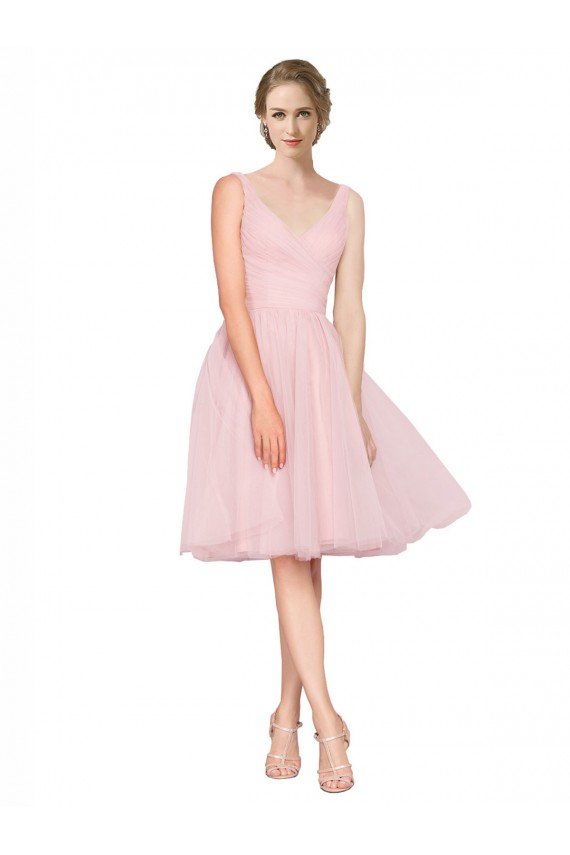 Short Knee Length Wide Strap Plunge Cross Over Neckline Tulle Cocktail Bridesmaid Dress Essex