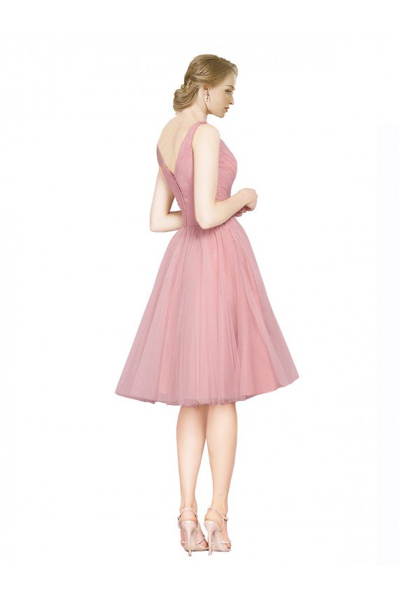 Short Knee Length Wide Strap Plunge Cross Over Neckline Tulle Cocktail Bridesmaid Dress Essex