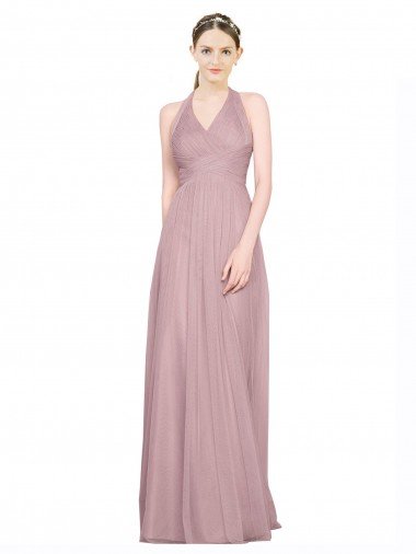 Ruffled Halter V-Neck Long Tulle Bridesmaid Dress with Pleats Essex