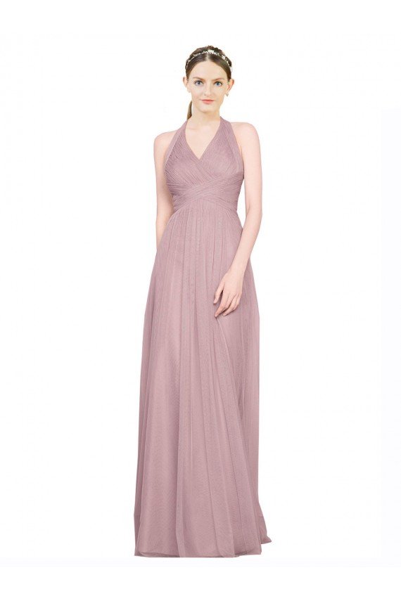 Ruffled Halter V-Neck Long Tulle Bridesmaid Dress with Pleats Essex