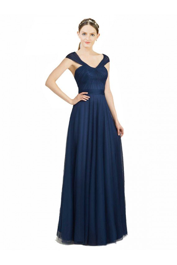 Ruched Sweetheart Long A-Line Tulle Bridesmaid Dress with Wide Straps and Tie Back Essex