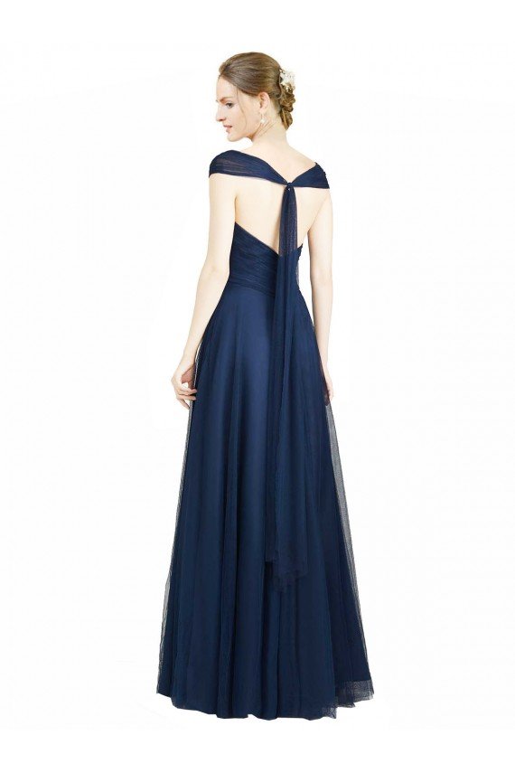 Ruched Sweetheart Long A-Line Tulle Bridesmaid Dress with Wide Straps and Tie Back Essex