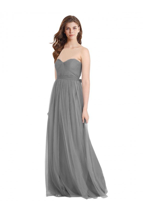 Shirred Strapless Bodice Long Tulle Bridesmaid Dress with Sweetheart Neckline Essex