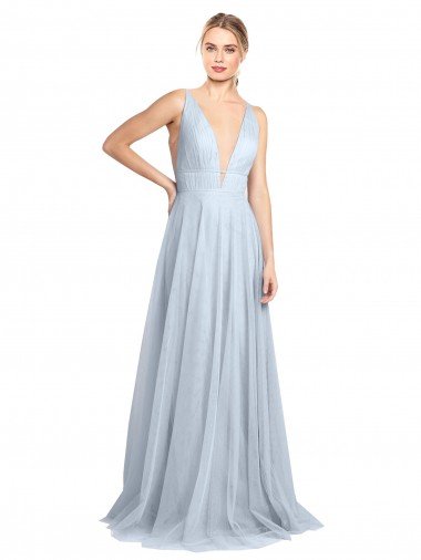 Plunging Deep V-Neck Long Tulle Bridesmaid Dress with V-Back Essex