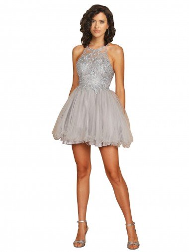 Halter Neckline Criss Cross Back Short Cocktail Dress with Beaded Lace Bodice Essex