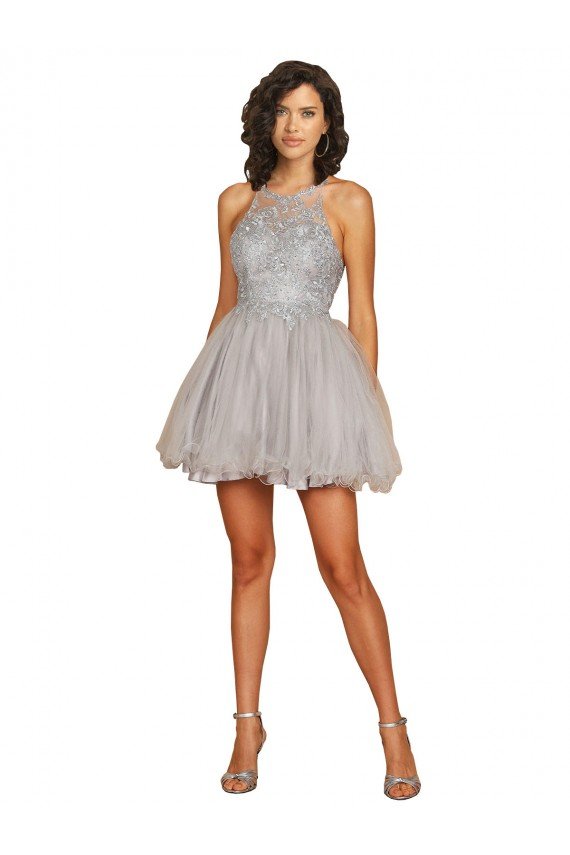 Halter Neckline Criss Cross Back Short Cocktail Dress with Beaded Lace Bodice Essex