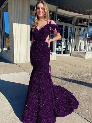 Cold Shoulder Sleeveless Long Court Train Velvet Sequin Prom Dress Essex