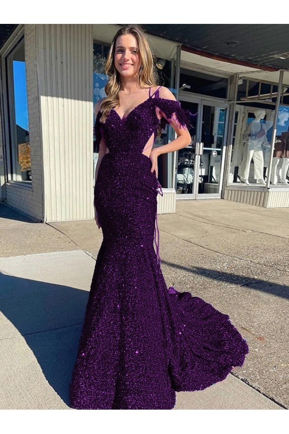 Cold Shoulder Sleeveless Long Court Train Velvet Sequin Prom Dress Essex