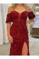Off the Shoulder Short Sleeves Long Floor Length Velvet Sequin Prom Dress with High Slit Essex