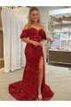 Off the Shoulder Short Sleeves Long Floor Length Velvet Sequin Prom Dress with High Slit Essex