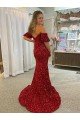 Off the Shoulder Short Sleeves Long Floor Length Velvet Sequin Prom Dress with High Slit Essex