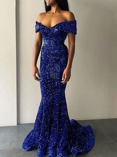 Mermaid Off the Shoulder Sleeveless Long Sweep Train Velvet Sequin Prom Dress Essex