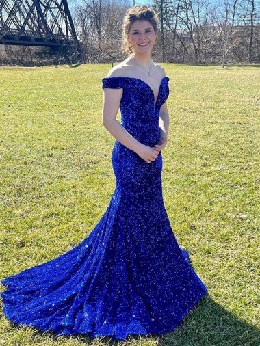 Off the Shoulder Sleeveless Long Sweep Train Velvet Sequin Prom Dress Essex