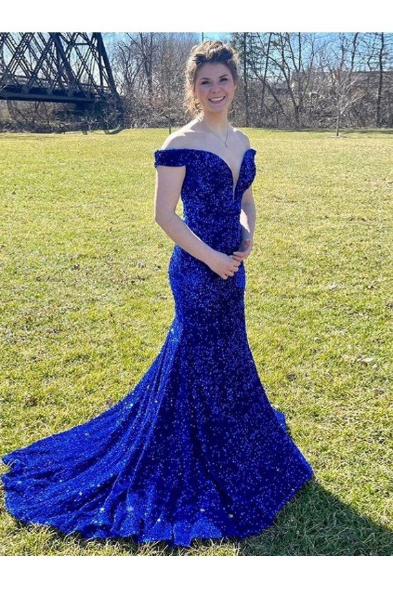 Off the Shoulder Sleeveless Long Sweep Train Velvet Sequin Prom Dress Essex