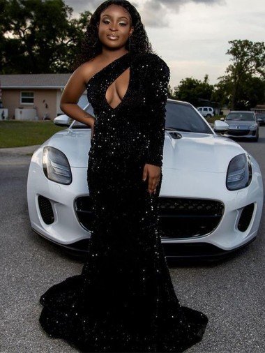 One Shoulder Long Sleeves Long Sweep Train Velvet Sequin Prom Dress Essex