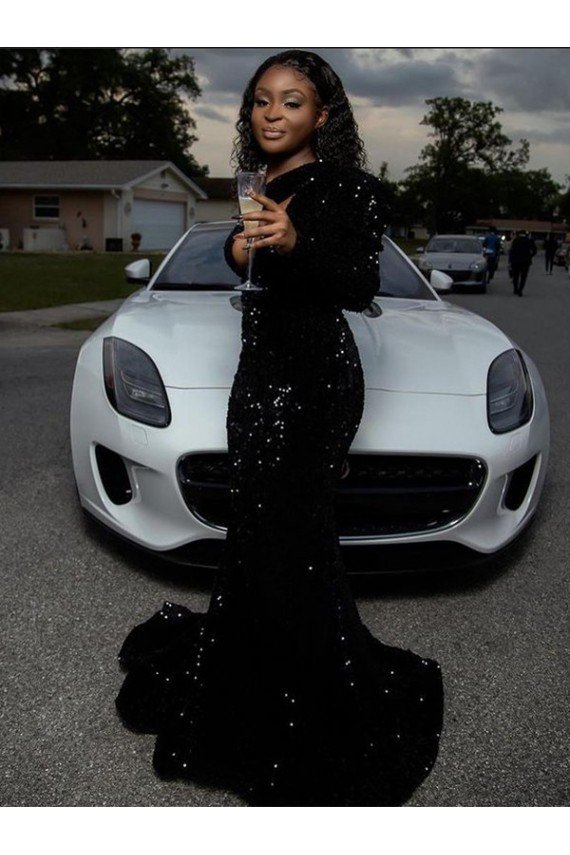 One Shoulder Long Sleeves Long Sweep Train Velvet Sequin Prom Dress Essex