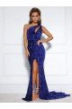 Mermaid One Shoulder Sleeveless Long Court Train Velvet Sequin Prom Dress with Slit Essex