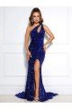 Mermaid One Shoulder Sleeveless Long Court Train Velvet Sequin Prom Dress with Slit Essex