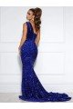 Mermaid One Shoulder Sleeveless Long Court Train Velvet Sequin Prom Dress with Slit Essex