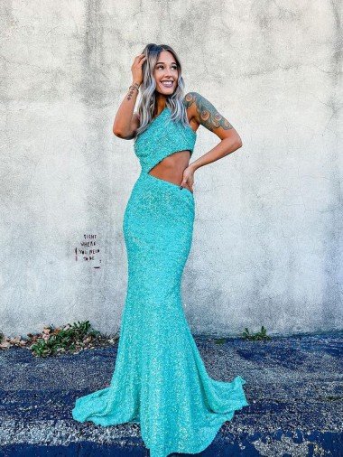 Mermaid One Shoulder Sleeveless Long Sweep Train Velvet Sequin Prom Dress Essex