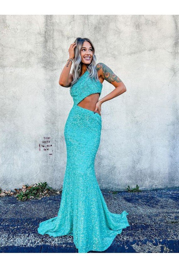 Mermaid One Shoulder Sleeveless Long Sweep Train Velvet Sequin Prom Dress Essex