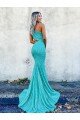 Mermaid One Shoulder Sleeveless Long Sweep Train Velvet Sequin Prom Dress Essex