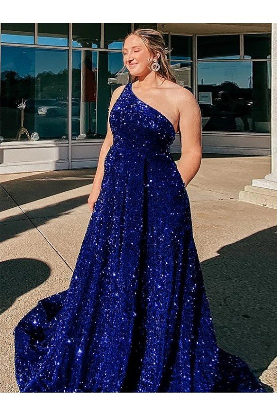 A-Line One Shoulder Sleeveless Long Sweep Train Velvet Sequin Prom Dress with Pockets Essex
