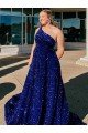 A-Line One Shoulder Sleeveless Long Sweep Train Velvet Sequin Prom Dress with Pockets Essex