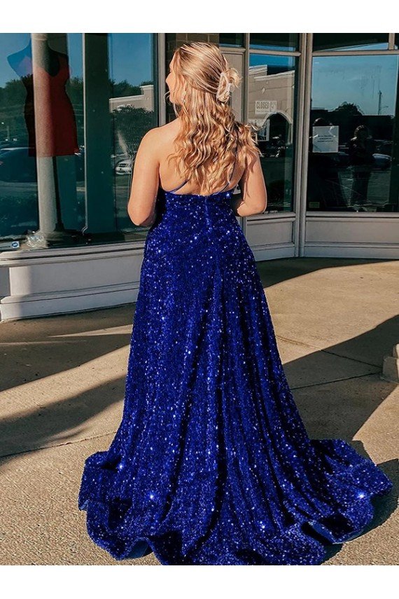 A-Line One Shoulder Sleeveless Long Sweep Train Velvet Sequin Prom Dress with Pockets Essex
