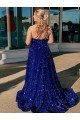 A-Line One Shoulder Sleeveless Long Sweep Train Velvet Sequin Prom Dress with Pockets Essex
