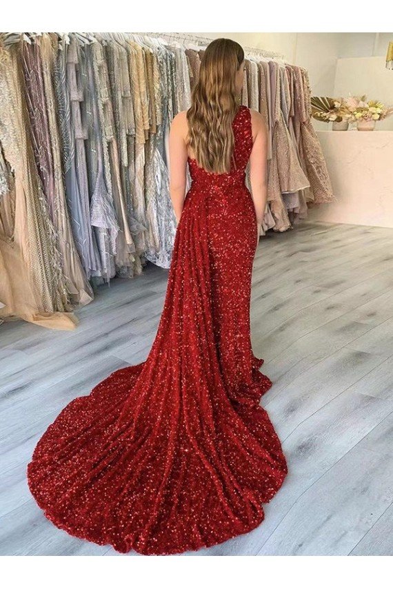 One Shoulder Sleeveless Long Court Train Velvet Sequin Prom Dress with Slit Essex