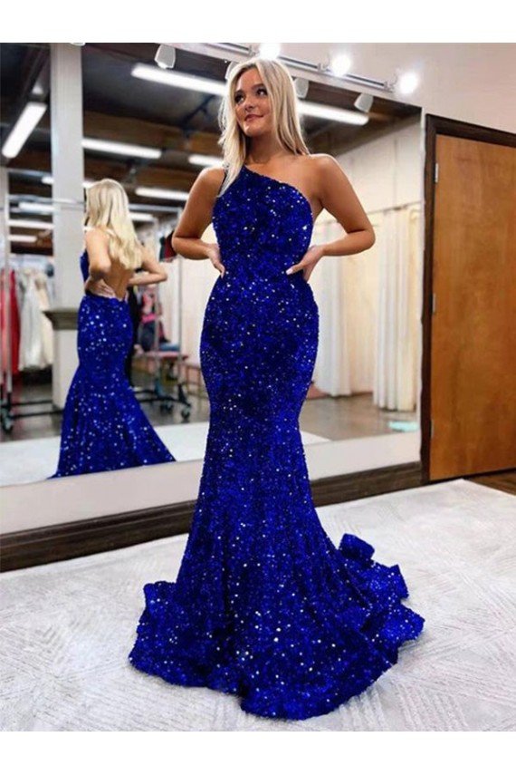 Mermaid One Shoulder Open Back Long Sweep Train Velvet Sequin Prom Dress Essex
