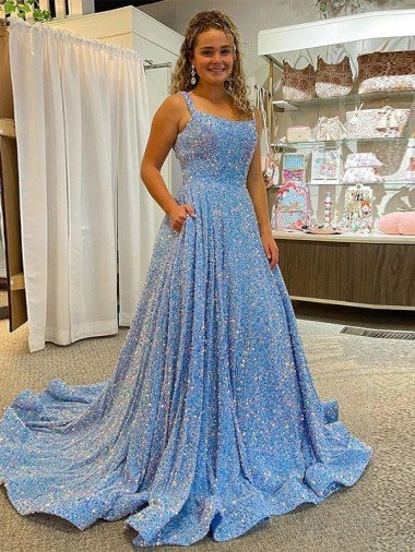 A-Line Scoop Sleeveless Long Court Train Velvet Sequin Prom Dress Essex